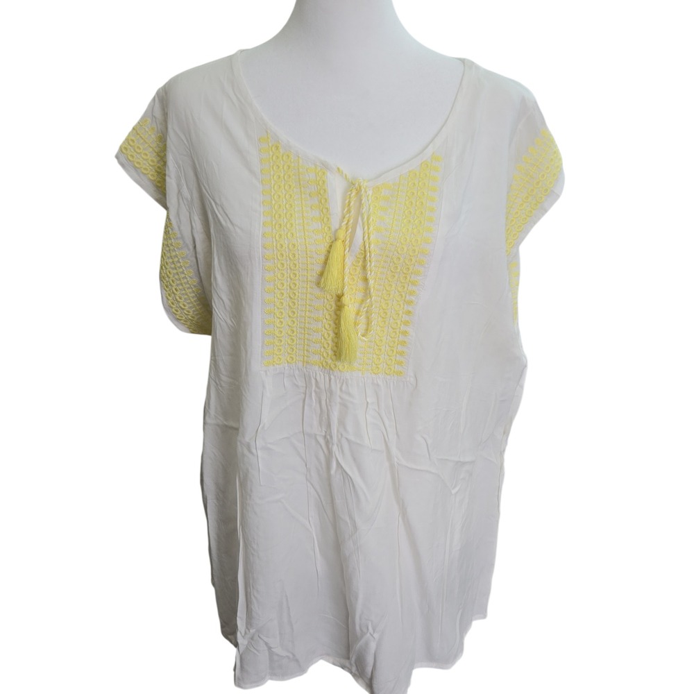 SOLITAIRE Embroidered Tunic Top Yellow White Tasselโ V Neck Size XL Boho Cottage